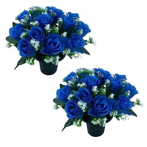 2x Artificial Flowers For Graves | 12 Head Grave Flower Pots, Bright Blue Colour