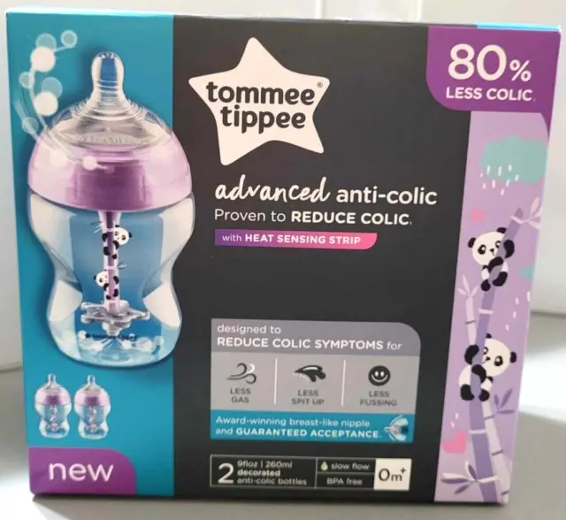 Tommee Tippee Closer to Nature Baby Bottle Purple w/Panda Bears, Anti-Colic Valv