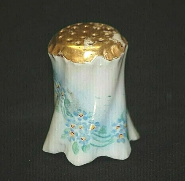 Porcelain Single Salt or Pepper Shaker White w Blue Floral Gold Trim