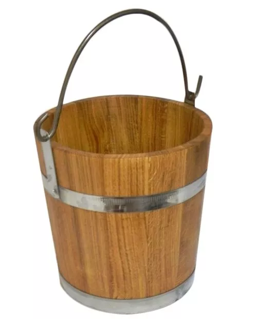 Big Wooden Bucket with metal rings and handle 12l - old style SOLID OAK WOOD