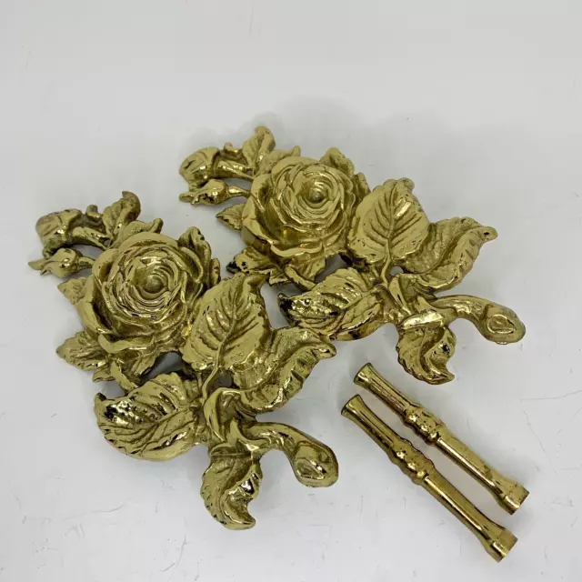 2 Vtg Brass Drapery Curtain Hold Tie Backs Rose Victorian Hollywood Regency