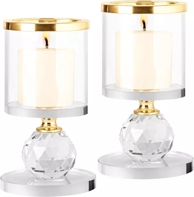 (2 Pack) Gold Crystal Pillar Candle Holders - 12.3cm/4.84 Inches Tall - Clear