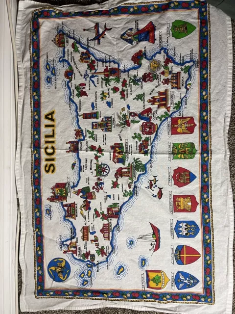 Sicily Italy Map Tablecloth / Wall Hanging Souvenir. Cotton / Linen 22 X 36 VGC