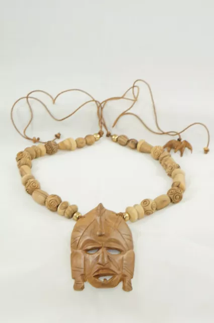 African Hand-Carved Wooden Tribal Mask Necklace from Kenya Elephant