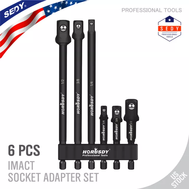 6 pc 6" & 3" Impact Grade Socket Adapter Set 1/4" 3/8" 1/2" Drive 1/4" Hex Shank