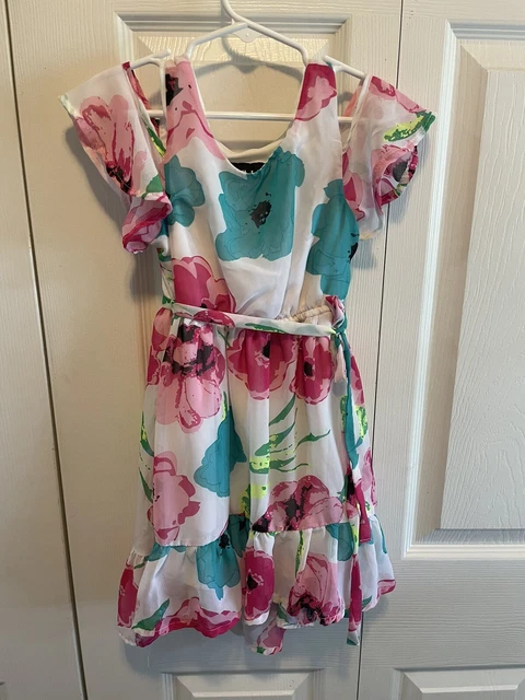 RMLA Kids Size 6 dress girls Floral Cold Shoulder Pink White Turquoise Flowy