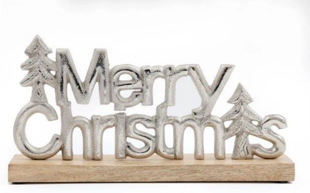 Insegna Natale Decorazione Metallo Supporto Legno Arredamento Casa Allegro Albero di Natale 29cm