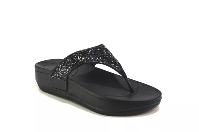 Womens Glitter Wedge Black Ladies Flip Flops Slip On Toe Post Slippers Sizes 3-8