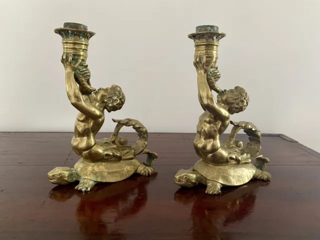 Pair Ormolu Triton Candlesticks Chambersticks Antique Gilt Brass Bronze Baroque