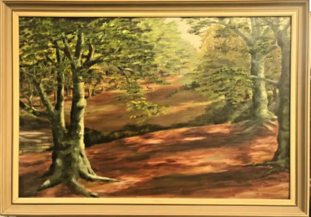 Vintage Original Oil Painting On Canvas Board Woodlands & Stag Large 79cm