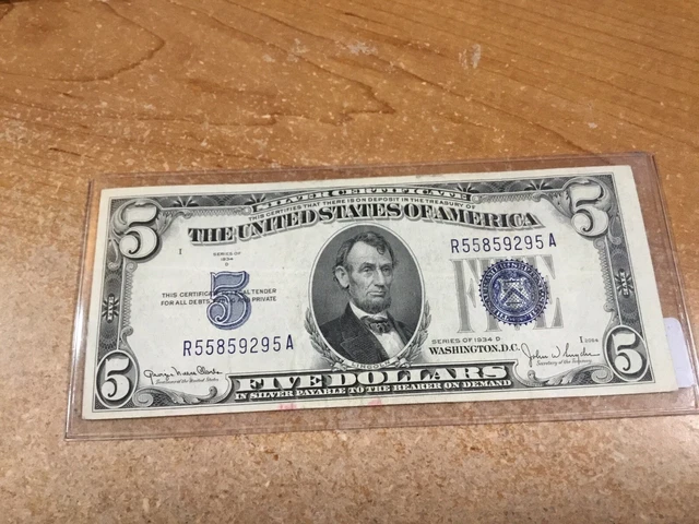 1934-D SERIES $5 Silver Certificate-AU AU-Blue Seal-9295 A