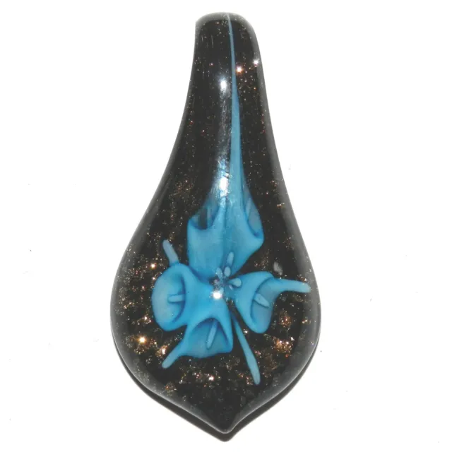 P2463 Blue Flower with Gold Sparkles 55mm Lampwork Glass Spoon Drop Pendant