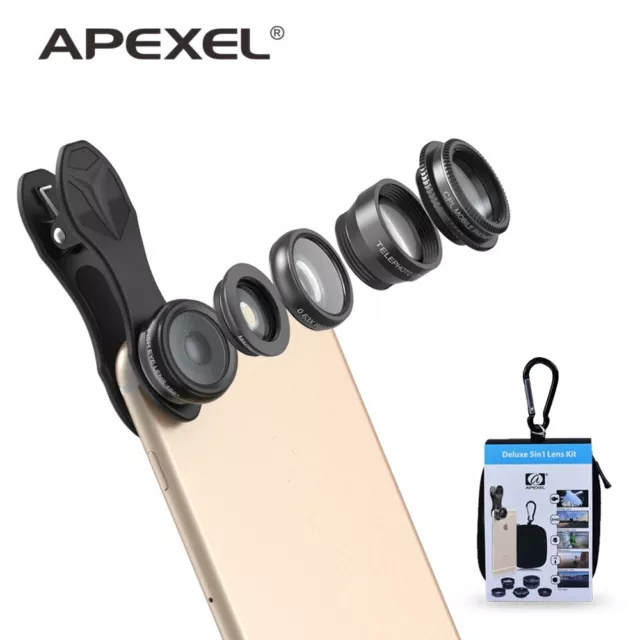 Apexel 5in1 Cell Phone CameraLens Kit Macro WideAngle Fisheye for iPhone Android