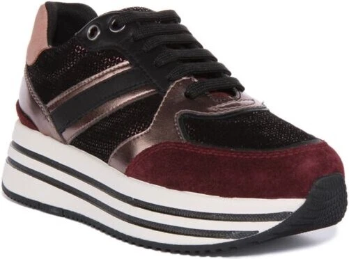GEOX D Kency Femmes Dentelle Plateforme Brillant Baskets en Bordeaux Taille UK 3