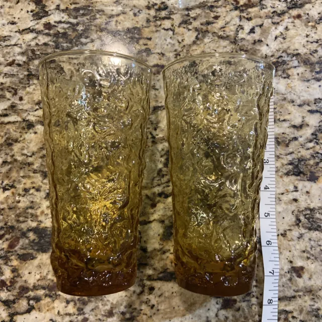 2 Amber Milano Drinking Glasses Ice Tea Bumpy Crinkle  7" Tall, Top 3.5” Wide
