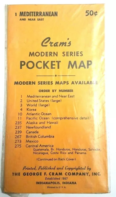 NOS Sealed Vintage 1950's Cram's Modern Series Pocket Map Mediterranean No 1