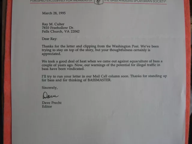 SIGNED LETTER DAVID PRECHT: EDITOR on BASSMASTER STATIONARY 5/28/1995 3