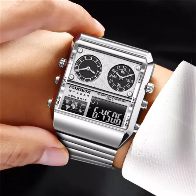 LIGE FOXBOX Men Watch Rectangle Dual Time Wristwatch Male Digital LED Watches