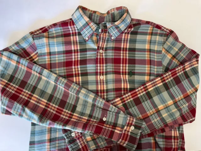 Men's POLO Ralph Lauren Blue Label Classic Fit Green Plaid Flannel Shirt Medium