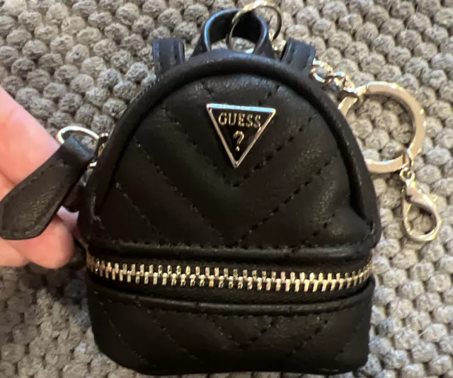 NEW and RARE Zip Design GUESS Logo Black Mini Backpack With Key Chain