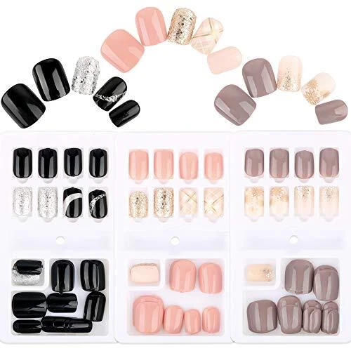 3 Boîtes 90pcs Faux Ongles Court Nail Ongle Couverture Complète Rose Noir Arg...