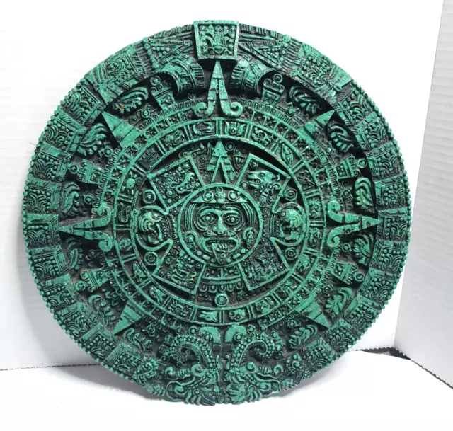 Vintage 12" Aztec Round Mayan Zodiac Sun Calender Jade Green Wall Plaque