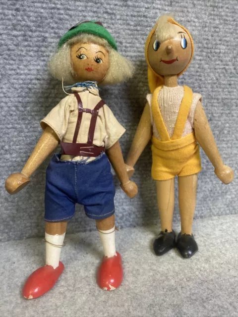 2 Antique Doll Vintage Rare Carved Wooden Polish Peg Dolls Boy & Girls Adorable