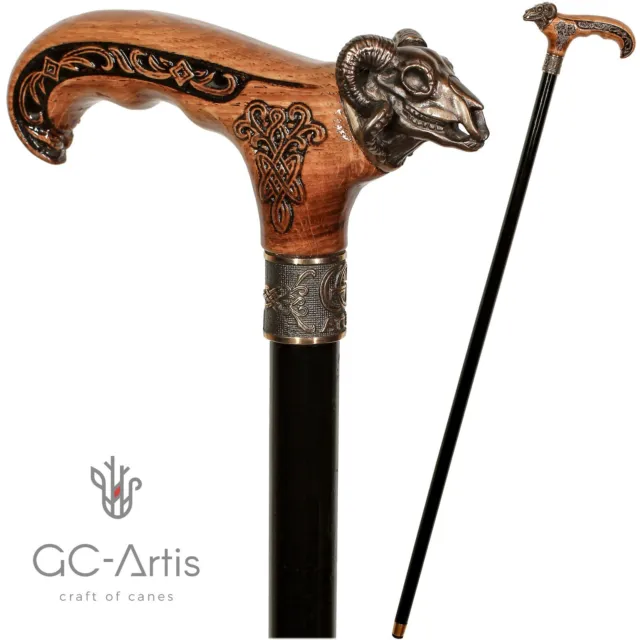 Metal walking stick cane solid brass bronze Ram Skull wooden handle black shaft