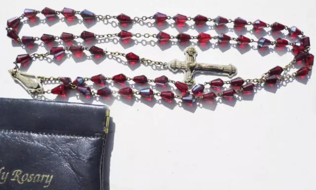 Antique Faceted Ruby Glass Crystal Rosary Beads Crucifix Bi-Metal Cross Prayer