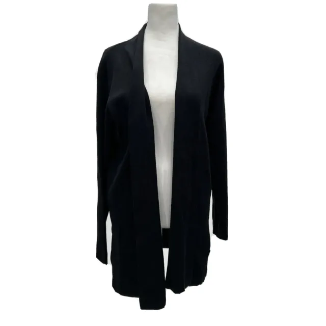 Eileen Fisher Womens L Black Italian 100% Wool Open Front Sweater Top Cardigan