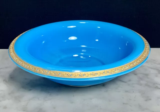 Antique Cambridge Azurite Blue Opaque Glass Gold Encrusted Trim Bowl Art Deco