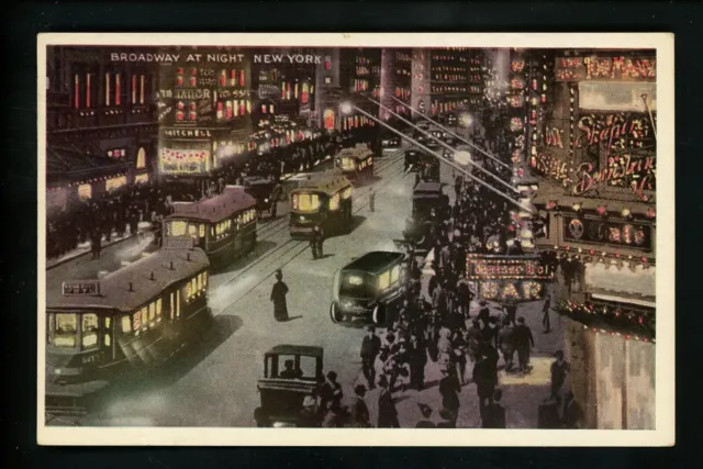New York City NY postcard Broadway at night trolley Vintage