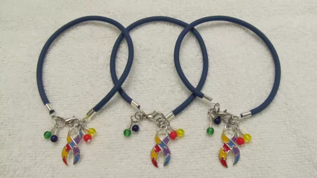 (3) Autism Ribbon (w/Green, Blue, Red & Yellow Beads) Bracelets****Free Shipping