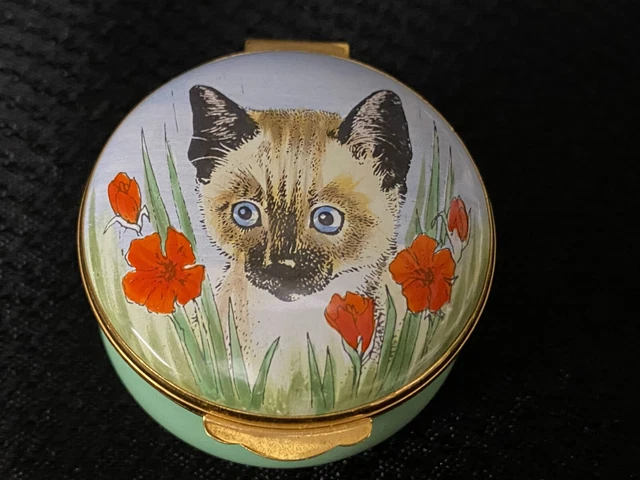 Crummles Enamel Trinket Box ~ "CAT IN POPPIES" ~ England ~ Round 1 3/4" Crummles Enamel Trinket Box ~ "CAT IN POPPIES" ~ England ~ Round 1 3/4"