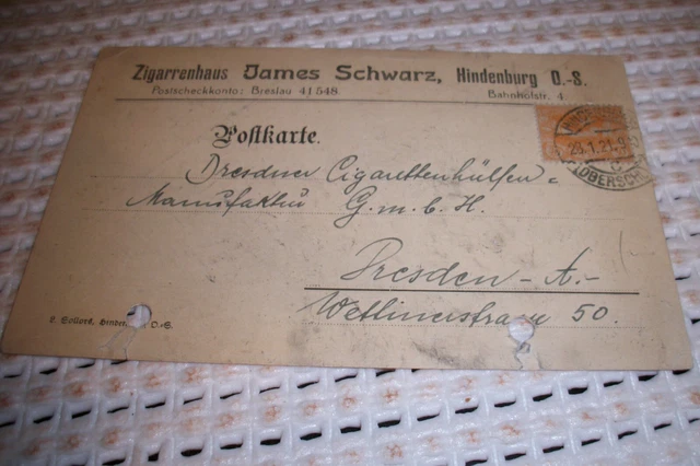 Hindenburg Oberschlesien Zabrze 1921 Ganzsache