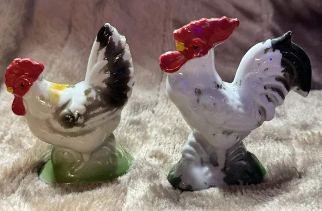 Vintage Ceramic Pair Rooster & Hen Chicken Figurines Hand Painted Cute