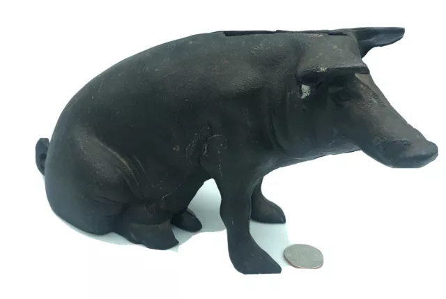 Vintage Cast Iron Black Sitting Pig Piggy Bank Coin Bank Farmhouse Decor 5.5x9.5