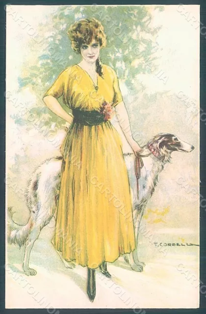 Artist Signed Corbella Glamour Lady Borzoi Dog serie 237-2 postcard HR2904
