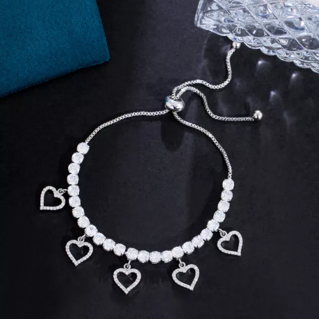 Shiny Cubic Zirconia CZ Silver Plated Heart Shape Charm Bracelet Fashion Jewelry