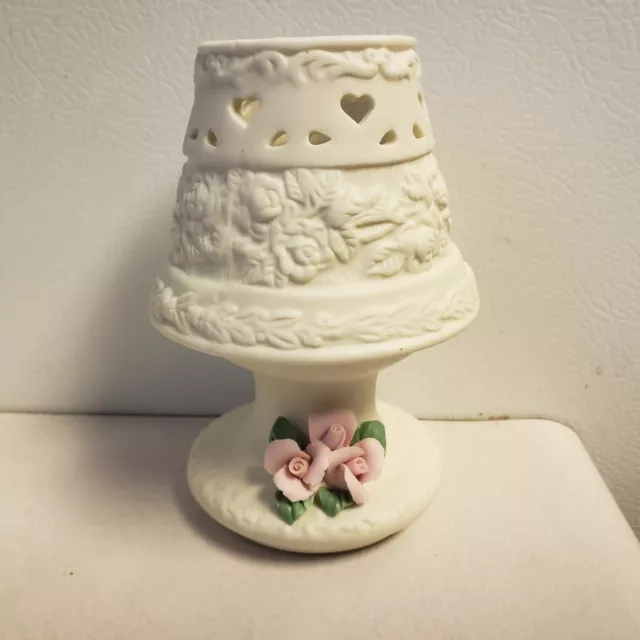 Vintage Bisque Porcelain Small Fairy Lamp With Pink Flowers Roses At Base 5"