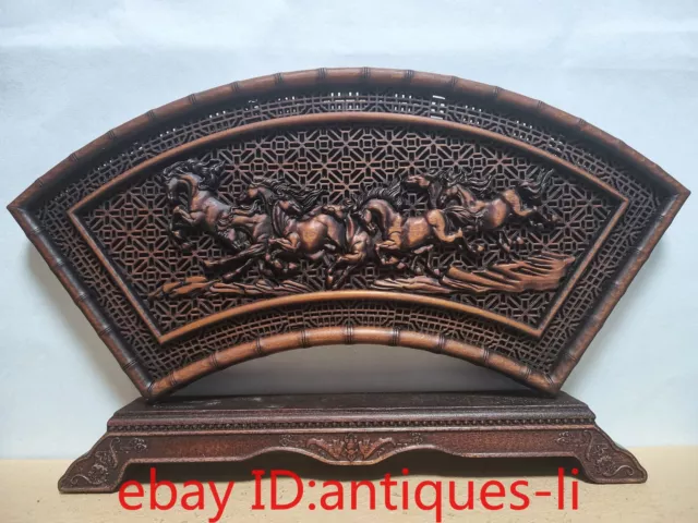 11.4"Chinese Boxwood Carved Antique Scenery Fan with Five Horses Running Wild