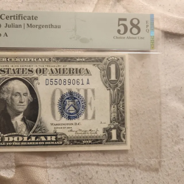 💎1934 One Dollar Silver Certificate $1.00 Funny Back Blue Seal Pmg58 Epq👀💎