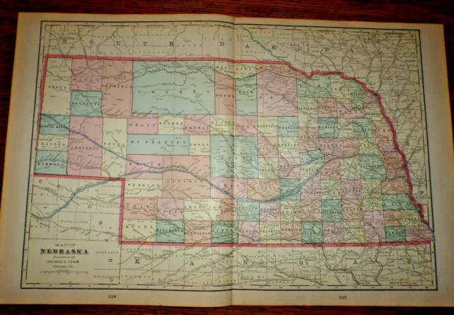 Vintage 1903 Nebraska Map 14"x22" Old Antique Original  Crams Atlas