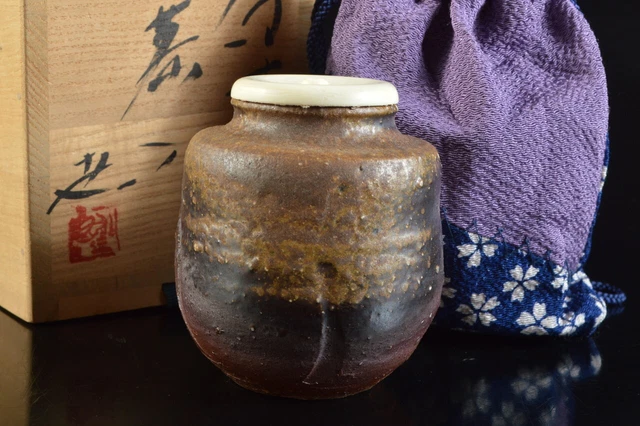 M2998: Japanese Bizen-ware Youhen pattern TEA BOWL Taisuke made  w/signed box