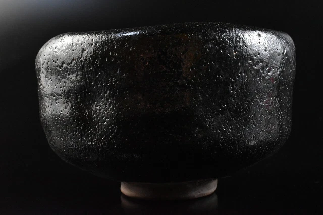 M1966: Japanese Old Raku-ware Black glaze TEA BOWL Green tea tool Rakuichi made