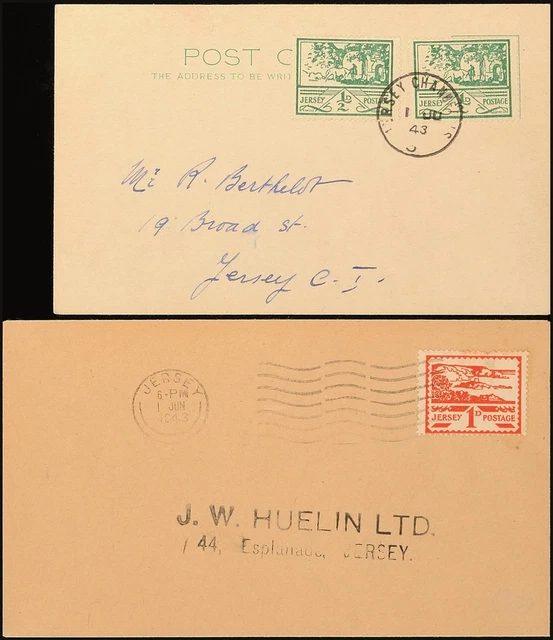 12095) Jersey 3/4 Brief 2 Drucksachen Ersttagsstempel 1.6.43