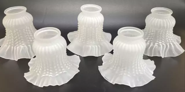 5 Vintage Frosted Glass Light Shade 2" FITTER Ruffled Lamp MIXED HEIGHT LOT