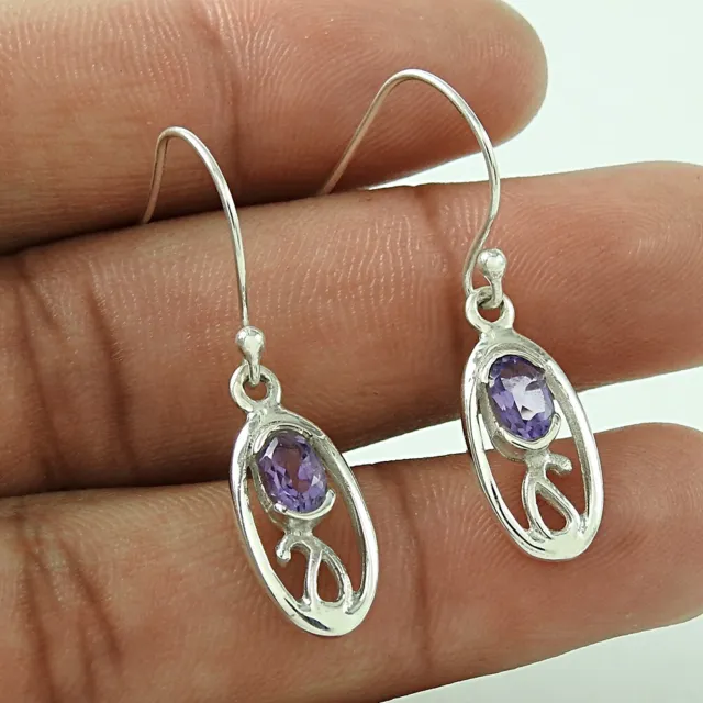 Natural Gema Amatista Gota / Colgante Vintage Morado Pendientes 925 Plata D15