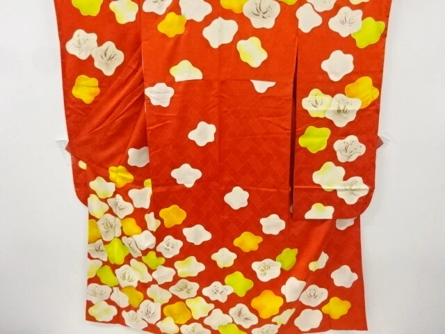 11367# Japanese Kimono / Antique Furisode / Embroidery / Abstract Ume