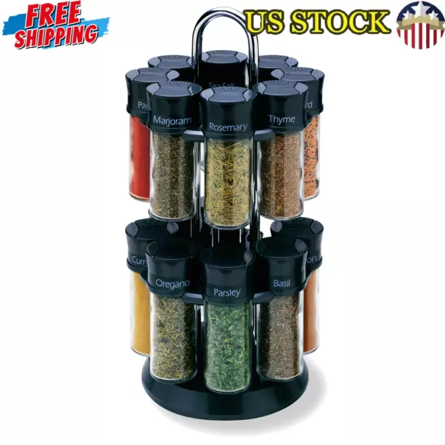2 Tier Spice Rotating Rack Spice Jars Set Kitchen Storage Sturdy Frame 17 Pcs US